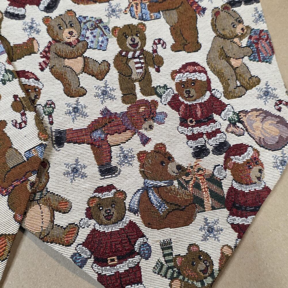 VTG Christmas Tapestry Table Runner Teddy Bears Santa Tassles 70"X12"